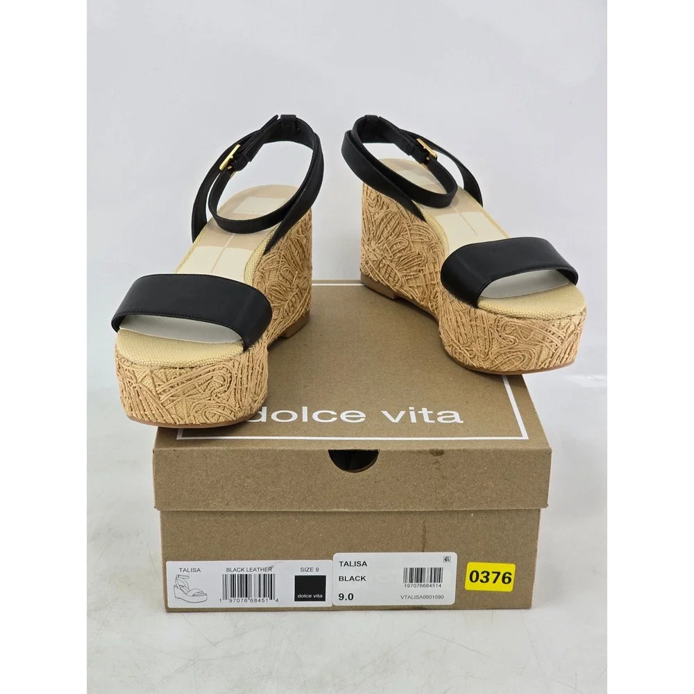 Dolce Vita Talisa Wedge Sandals Womens 9 Black Leather Espadrille - NEW